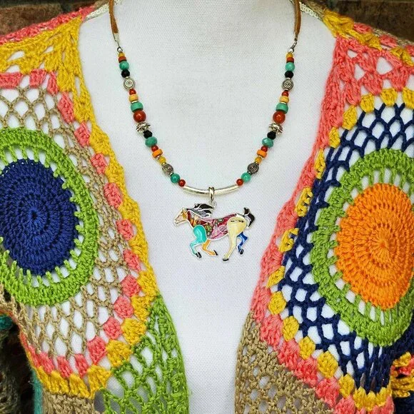 Artisan Hand Crafted Necklace Painted Horses Brown Suede Cord Colorful Beaded - Picture 2 of 12